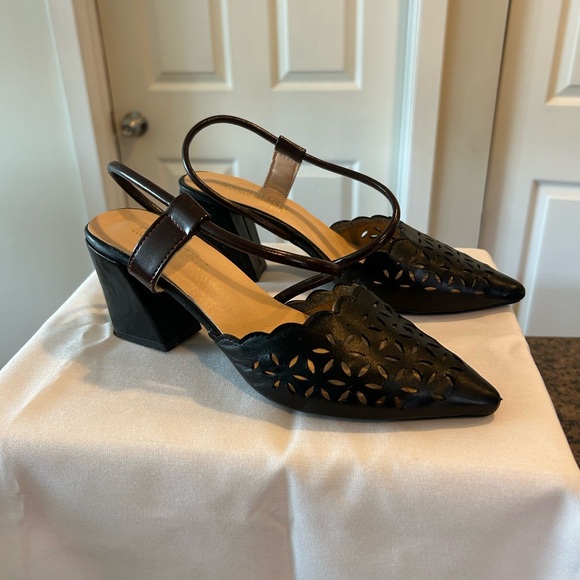 Elspeth Gibson Black Leather Cutout Slingback Heels - Picture 2 of 5